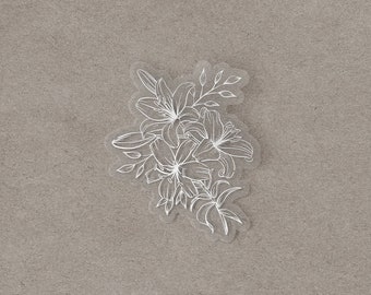 Pegatina de vinilo con flores en tinta blanca transparente, pegatinas estéticas bonitas, calcomanías para computadora portátil, calcomanía para vaso, calcomanía para botella de agua