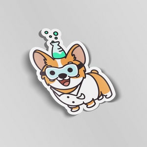 Corgi Scientist Sticker, Die Cut Dog Label, Small Vinyl Sticker, Corgi Chemist Label, Mini Dog Decal, Dog Lover Sticker, Corgi Laptop Label