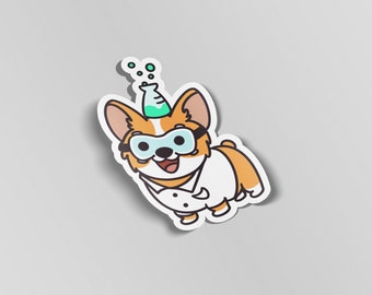Pegatina de vinilo de Corgi Scientist, calcomanía para portátil de perro