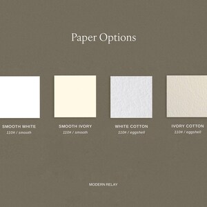 A graphic showing four paper options labeled Smooth White, Smooth Ivory, White Cotton, and Ivory Cotton with weight specifications.