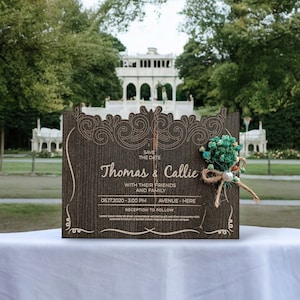 Floral hölzerne Hochzeitseinladung, Hochzeitseinladung, Holz einladen Karte, Verlobung einladen, schwarze Hochzeitseinladung, grüne Hochzeit lädt ein