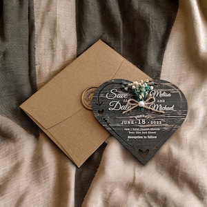 Cartes de mariage champêtre avec enveloppe artisanale et cachet de cire, faire-part de mariage en bois de luxe, faire-part de fiançailles rustique, carte réservez vos dates,
