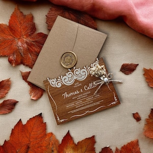 Invitación de boda de madera floral, anuncio de boda elegante, conjunto de invitación con sobre y sello de cera, guarde la tarjeta de fecha para el compromiso