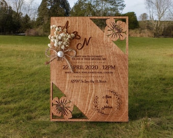 Convite de casamento marrom esculpido, cartão luxuoso para despedida de solteiro e reserva de data, cartão de convite de madeira personalizável, ideias para convites florais