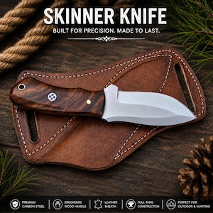 May include: A Skinner knife with a polished steel blade and a dark wood handle, resting on a brown leather sheath. The text "SKINNER KNIFE" and "BUILT FOR PRECISION. MADE TO LAST." are visible.