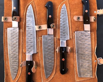 Juego de 5 cuchillos de chef de acero de Damasco con mango de resina negra y protector. Cuchillos de cocina hechos a mano. Un regalo rústico para él o para los amantes de la barbacoa.