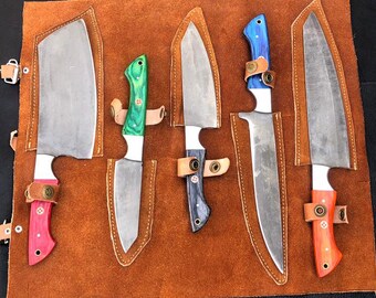 Juego de cuchillos de chef de acero con alto contenido de carbono hechos a mano con mangos de palisandro de color, cuchillos de cocina rústicos con funda de cuero, regalo perfecto para él o un chef.