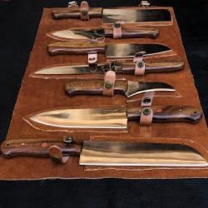 Handmade Carbon Steel Chef Knife Set – 7 Pc Kitchen Knives with Natural Rosewood Handles – Groomsmen, Wedding, or Father&#39;s Gift.
