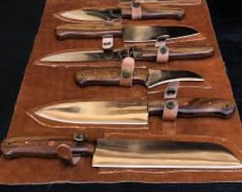 Handmade Carbon Steel Chef Knife Set – 7 Pc Kitchen Knives with Natural Rosewood Handles – Groomsmen, Wedding, or Father's Gift.