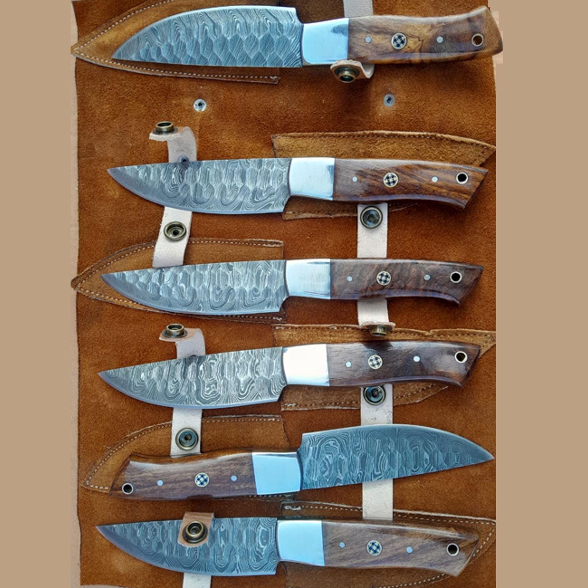 Damascus Steel Steak Knife Set – 6-Piece Handmade Knives with Wood Handles & Leather Sheath, BBQ, Kitchen Knife Set