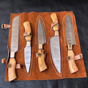 Handmade Damascus Steel Chef Knife Set – 5 Pc Kitchen Knives with Wood Handles – Great Gift for Groomsmen, Wedding, Father, Chef