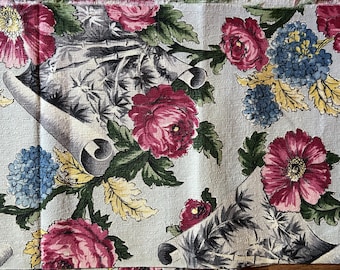 Vintage 1940s Floral Barkcloth Fabric: Peonies, Daisies, Hydrangeas (12" x 64")