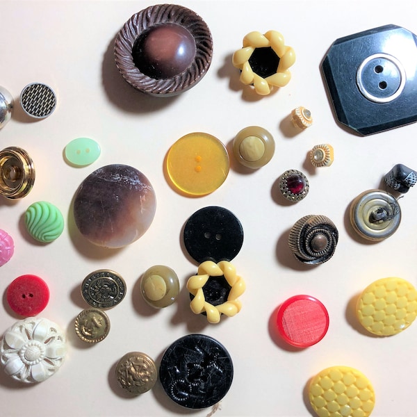 Antique Button Assortment, Vintage Buttons, Metal Buttons, Mixed Lot of 30 Buttons, Button Bundles, Old Buttons