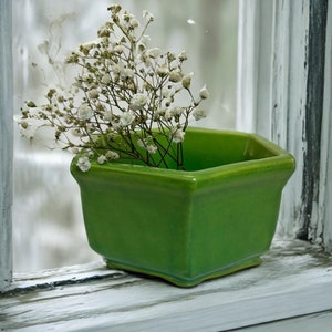 May include: A vibrant green square ceramic planter holding delicate white flowers. The glossy planter sits on a white windowsill, with a blurred, snowy background visible through the window.