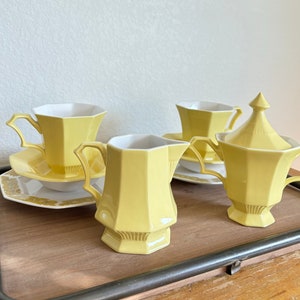Vintage Mid-Century Yellow Tea Set with Cream, Sugar, Teacups, Plates & Saucers