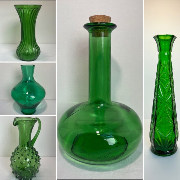 Vintage-Style Green-Glass Flower Vases | Bud Propagation Bottle Bundle