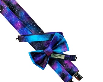 Deep Space Galaxy Suspender Set, Bow Tie, Hair Bow, Stylish For All Ages, Formal Event Wear, Evening Wear, Prom Dance, Teal Turquoise Purple