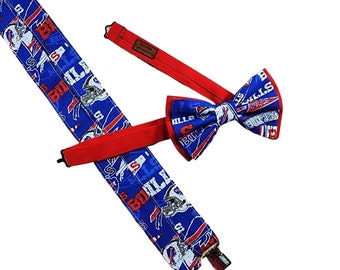 Suspenders Made With Licensed Buffalo Bills Fabric, Bow Tie, Hair Bow, Stylish For All Ages, Formal Event Wear, Evening Wear