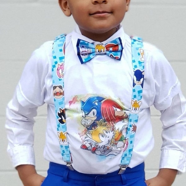 Suspenders Made With Licensed Sonic the Hedgehog Pixel Fabric, Bow Tie, Hair Bow, Stylish For All Ages, Formal Event Wear, Evening Wear