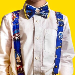 Suspenders Made With Licensed Sonic the Hedgehog Boom Fabric, Bow Tie, Hair Bow, Stylish For All Ages, Formal Event Wear, Evening Wear