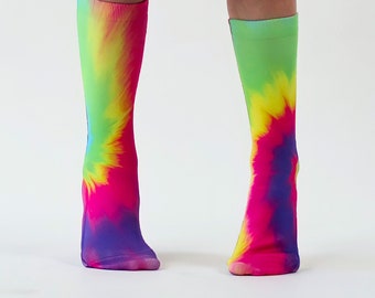 Neon Tie Dye Socks, 80s Fashion For All Ages, Rainbow Style, Vibrant Colors, Sublimation, Gender Neutral, Cheerleading Pom Squad