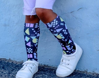 Pastel Shapes And Checkered Socks, 80s Fashion For All Ages, Sublimation, Gender Neutral, Long Socks, Party Favors, Throwback Style