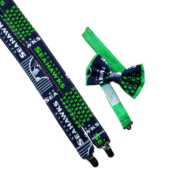 Suspenders Made With Licensed Seattle Seahawks Fabric, Bow Tie, Hair Bow, Stylish For All Ages, Formal Event Wear, Evening Wear