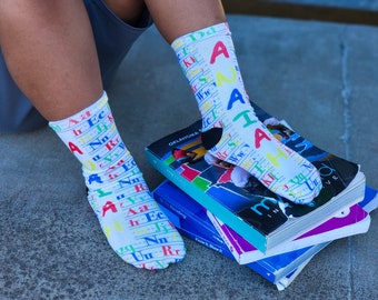Alphabet Socks, For All Ages, Sublimation, Gender Neutral, Back To School Fun, Gift for Teachers, Present for Students, Personalized