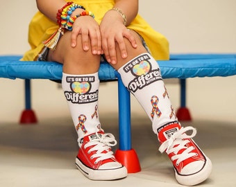 Okay To Be Different Socks, 80s Fashion For All Ages, Rainbow Ribbon Style, Vibrant Colors, Sublimation, Gender Neutral, Autism Awareness