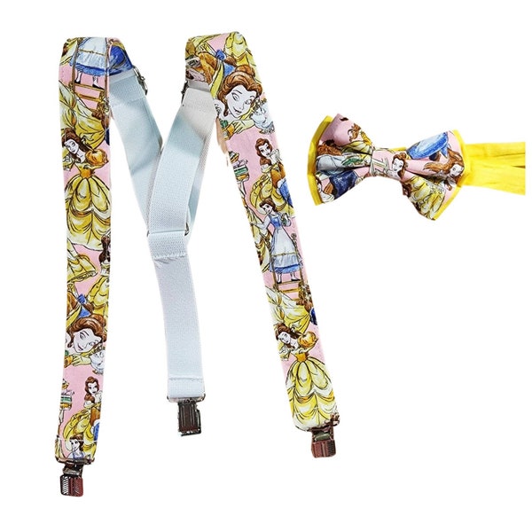 Suspenders Set Made With Licensed Beauty and the Beast Fabric, Bow Tie, Hair Bow, Stylish For All Ages, Formal Event Wear, Evening Wear