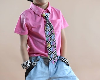 Checkered Peace Necktie, Adjustable Handmade Tie for Infant to Adult, Neon Colors, 90s Fashion, Formal Wear, Prom Ideas, Girls Wear Ties