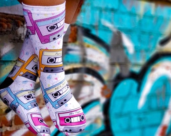 Cassette Tape Socks, 80s Fashion For All Ages, Sublimation, Gender Neutral, Long Socks, Party Favors, Throwback Style, Music Mix Tapes