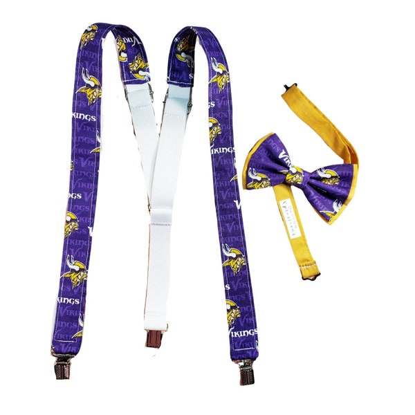 Suspenders Made With Licensed Minnesota Vikings Fabric, Bow Tie, Hair Bow, Stylish For All Ages, Formal Event Wear, Evening Wear