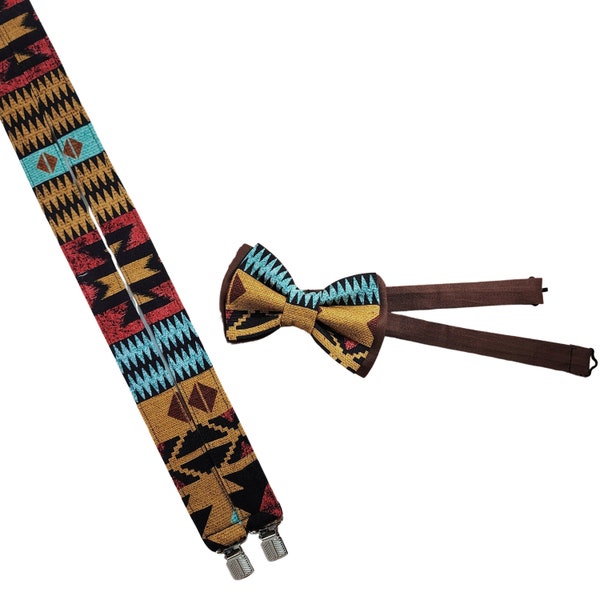 Aztec Inspired Suspenders Set, Bow Tie, Earth Tones, Stylish For All Ages, Formal Event Wear, Evening Wear, Cultural Prom, Wedding Ideas