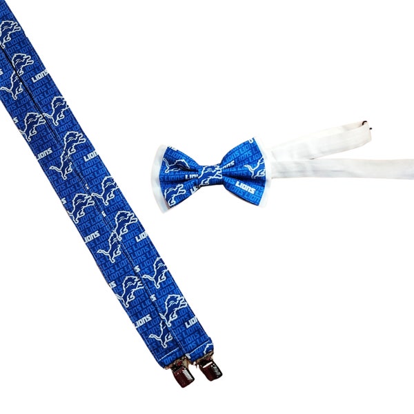 Suspenders Made With Licensed Detroit Lions Fabric, Bow Tie, Hair Bow, Stylish For All Ages, Formal Event Wear, Evening Wear