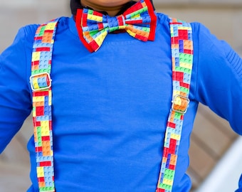 Builder Blocks Suspenders Set, Bow Tie, Hair Bow, Stylish For All Ages, Formal Event Wear, Everything Is Awesome, Educational Color Stacks