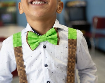 Builders and Miners Suspenders Set, Bow Tie, Hair Bow, Stylish For All Ages, Formal Event Wear, Green Brown Pixel Grass, Crafter Kids Game