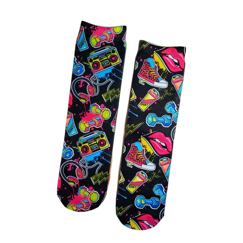 Now That's What I Call 90s Socks, 80s Fashion For All Ages, Sublimation, Gender Neutral, Long Socks, Party Favors, Throwback Style, Neon image 1