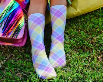 Spring Plaid Socks, 80s Fashion For All Ages, Sublimation, Gender Neutral, Long Socks, Party Favors, Pastel Colors, For Easter Basket