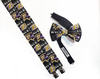 Tirantes hechos con tela con licencia de los Baltimore Ravens, pajarita, lazo para el cabello, elegante para todas las edades, ropa formal para eventos, ropa de noche