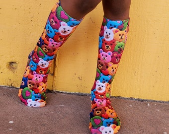 Faux (Fake) Felt Rainbow Teddy Bears Socks, Fashion For All Ages, Sublimation, Long Socks, Party Favors, Pastel Colors, Easter Basket Gift