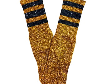 Faux (Fake) Glitter Gold Tube Socks, Black Stripes, Matching Family Socks, Christmas Morning, Cheerleading, Socks for Big Feet, 80s Style