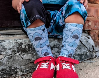 Blue Happy Shark Socks, For All Ages, Sublimation, Gender Neutral, Teacher's Gift, Fun Birthday, Colorful, 80s Style Fashion, Ocean Sea Fish
