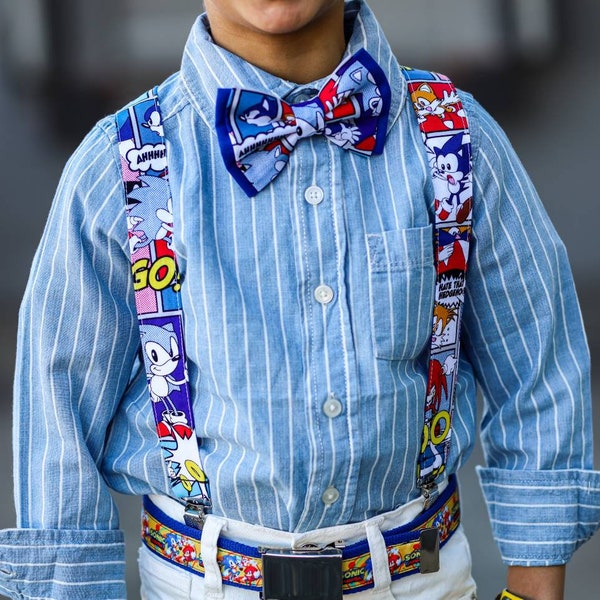 Suspenders Made With Licensed Sonic the Hedgehog Comic Fabric, Bow Tie, Hair Bow, Stylish For All Ages, Formal Event Wear, Evening Wear