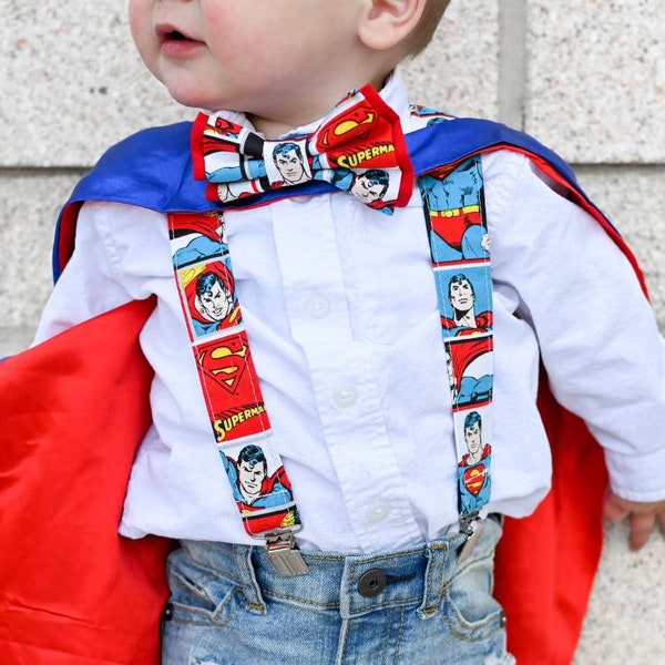 Suspenders Set Made With Licensed Superman Fabric, Bow Tie, Hair Bow, Stylish For All Ages, Formal Event Wear, Evening Wear, Cartoons Party