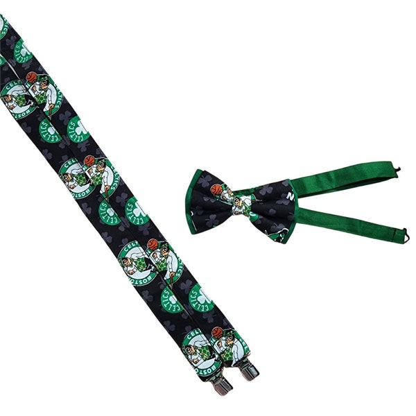 Suspenders Made With Licensed Boston Celtics Fabric, Bow Tie, Hair Bow, Stylish For All Ages, Formal Event Wear, Evening Wear