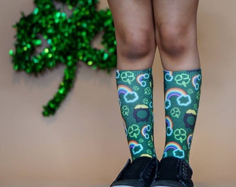 Neon St. Paddy's Day Socks, For All Ages, Sublimation, Gender Neutral, Cheerleading Pom Squad, Leprechaun Magic, Four Leaf Clover Luck