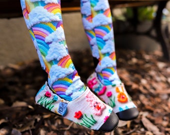Faux (Fake) Embroidery Rainbow Socks, 80s Fashion For All Ages, Sublimation, Long Socks, Party Favors, Pastel, For Easter Basket Spring