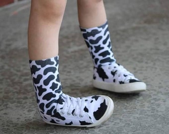 Cow Print Socks, For All Ages, Sublimation, Gender Neutral, Teacher's Gift, Fun Birthday, Colorful, 80s Style Fashion, Animal Lover