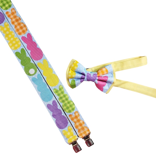 Peeps Patterns Suspenders Set, Bow Tie, Stylish For All Ages, Formal Event Wear, Spring Fashion, Sunday Service, Pastel Colors, Bunnies